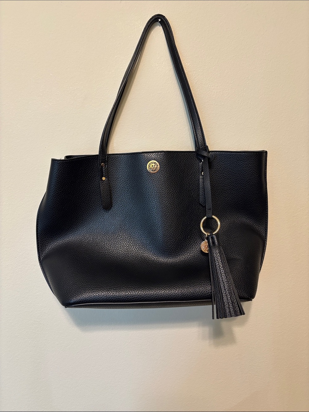 Anne Klein Black Tote Bag with Tassel Charm gold hardware